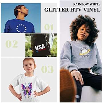 HTVRONT Rainbow White Glitter Heat Transfer Vinyl Roll - 10" x 10 FT Iron on Vinyl, White Glitter HTV Vinyl for Shirts - Easy to Cut & Weed