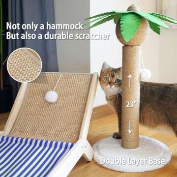 PETKARAY Cat Hammock with Coconut Palm Tree Scratching Post, Cozy Beach Chair Elevated Cat Beds, Original Cat Lounger for Indoor Cats