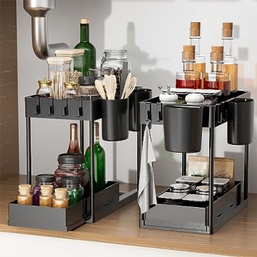 TCHCWYS Under Sink Organizers and Storage 2 Pack, 2 Tier Sliding Under Sink Organizer with Hooks and...