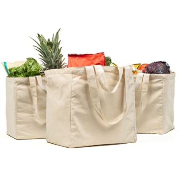 VeraMia 3pc Canvas Grocery Bags with Pockets - Washable Heavy Duty Tote