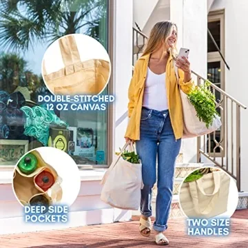 VeraMia Canvas Grocery Bags - 3 Pack with Pockets and Straps