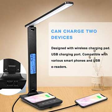 LED Desk Lamp, Desk Lamp with Wireless Charger, Suitable for Home, Office Dimmable Desk Lamp, with U...