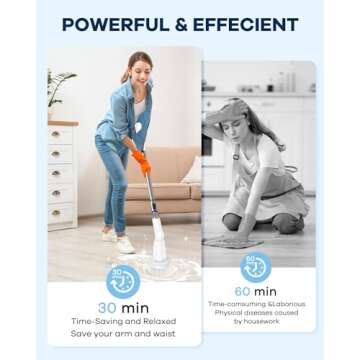 MABOGU Electric Spin Scrubber, Cordless Shower Scrubber with 8 Replaceable Brush Heads, Bathroom Scrubber Electric Dual Speeds, Shower Cleaning Brush with Extension Arm for Tub Tile Floor(Grey&White)
