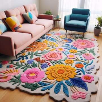 Restoration and Renovation Handmade Wool Floral Area Rug for Living Room | Elegant Flower Garden Des...