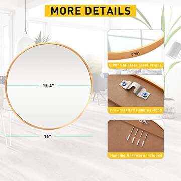 Huimei2Y 15.7" Wall Mirror Bathroom Round Mirror Circle Mirror for Wall Farmhouse Mirrors for Make Up Vanity Wall Mounted Mirror Living Room Entryway Bedroom Decor, Gold
