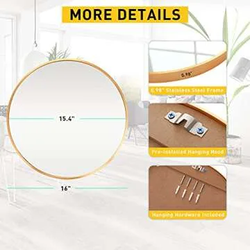 Huimei2Y 15.7" Wall Mirror Bathroom Round Mirror Circle Mirror for Wall Farmhouse Mirrors for Make Up Vanity Wall Mounted Mirror Living Room Entryway Bedroom Decor, Gold