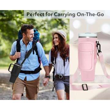 momocici Cup Holder Carrier Bag with Strap and Pouch for Stanley Quencher 30oz Tumbler. Cup Crossbody Holder Bag Compatible with Stanley Cup for Hiking Travelling Camping.(Rose Quartz)