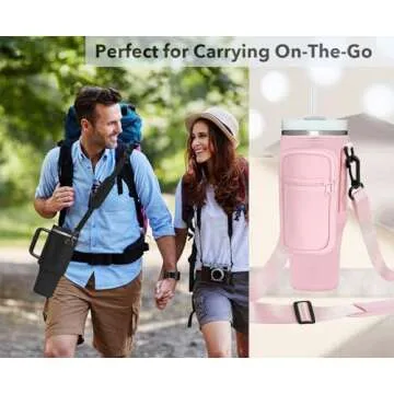 momocici Cup Holder Carrier Bag with Strap and Pouch for Stanley Quencher 30oz Tumbler. Cup Crossbody Holder Bag Compatible with Stanley Cup for Hiking Travelling Camping.(Rose Quartz)