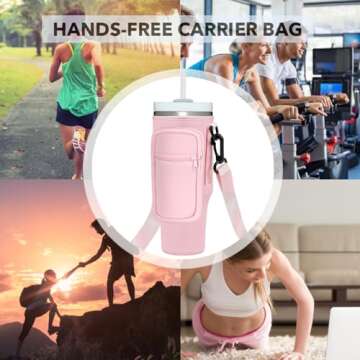 momocici Cup Holder Carrier Bag with Strap and Pouch for Stanley Quencher 30oz Tumbler. Cup Crossbody Holder Bag Compatible with Stanley Cup for Hiking Travelling Camping.(Rose Quartz)