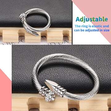 Dorriss Ring for Women Twisted Cable Nail Silver Rings Adjustable Open Stackable Cubic Zirconia Vint...