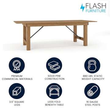 Flash Furniture Hercules Series 8' x 40" Rustic Solid Pine Folding Dining Table, Rectangular Antique Farmhouse Dining and Event Extension Table