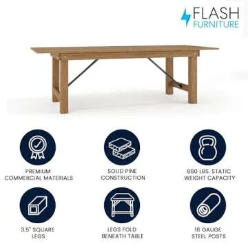 Flash Furniture Hercules Series 8' x 40" Rustic Solid Pine Folding Dining Table, Rectangular Antique Farmhouse Dining and Event Extension Table
