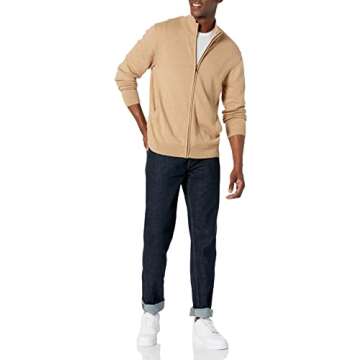 Amazon Essentials Men's Full-Zip Cotton Sweater in Camel Heather