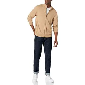 Amazon Essentials Men's Full-Zip Cotton Sweater in Camel Heather