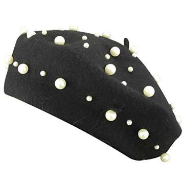 MINAKOLIFE Womens French Artist Solid 100% Wool Beret Hats with Full Pearl (Black)