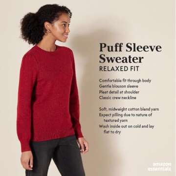 Amazon Essentials Women's Soft Touch Pleated Shoulder Crewneck Sweater, Grey Heather, Large