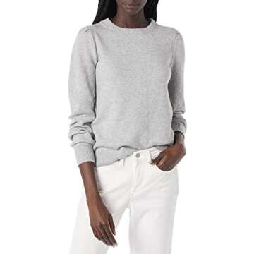 Amazon Essentials Women's Soft Touch Pleated Shoulder Crewneck Sweater, Grey Heather, Large