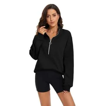 MISSACTIVER Women’s Oversized Half Zip Sweatshirt Quarter 1/4 Zipper Long Sleeve Drop Shoulder Pocket Pullover Jacket Tops(Small,Black)