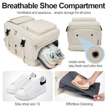 TRAVELHEART Travel Backpack for Women and Men - Large Expandable 45L with Shoe Compartment - Carry On Backpack for Airplanes - Flight Approved - Personal Item Size, White