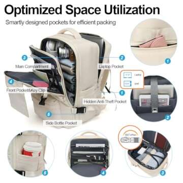 TRAVELHEART Travel Backpack for Women and Men - Large Expandable 45L with Shoe Compartment - Carry On Backpack for Airplanes - Flight Approved - Personal Item Size, White