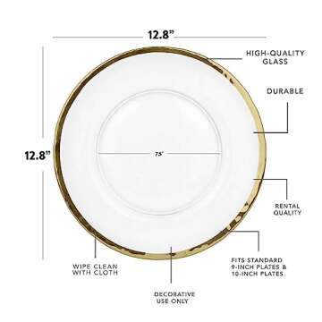 Koyal Wholesale Bulk Clear Glass Gold Rim Charger Plates, Set of 4, Glass Charger with Gold Rim, Glass Hammered Charger Plates