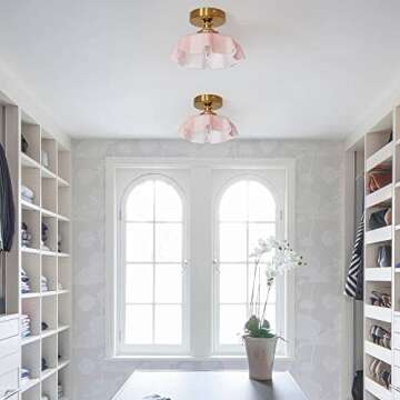 DSMJFU Vintage Pink Ceiling Light, Brass Pink Flush Mount Ceiling Light, Porch Ceiling Light Fixture...