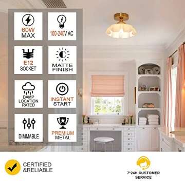 DSMJFU Vintage Pink Ceiling Light, Brass Pink Flush Mount Ceiling Light, Porch Ceiling Light Fixtures, Glass Small Semi Flush Mount Ceiling Light Fixtures for Closet Hallway Entryway