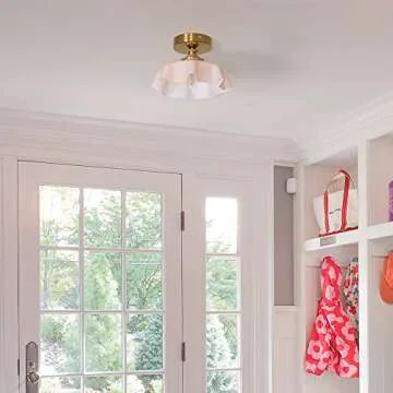 DSMJFU Vintage Pink Ceiling Light, Brass Pink Flush Mount Ceiling Light, Porch Ceiling Light Fixtures, Glass Small Semi Flush Mount Ceiling Light Fixtures for Closet Hallway Entryway
