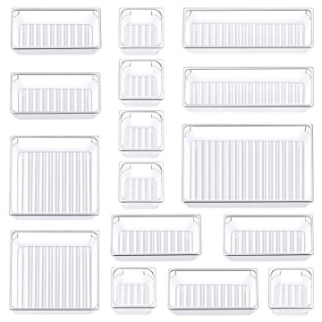 Kootek 16 Pcs Drawer Organizer Set, 5-Size Bathroom Drawer Organizers Makeup Trays Vanity Desk Divid...