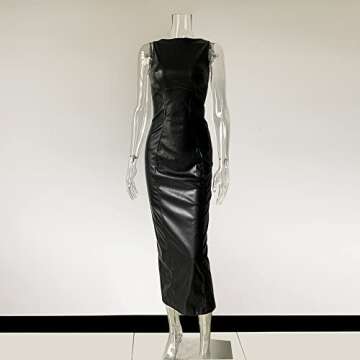 XLLAIS Women's Faux PU Leather Bodycon Maxi Dress Sexy Boatneck Tank Long Dresses (Black, Large)