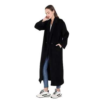 CHARTOU Women's Oversized Notched Collar Wool Blend Single Breast Midi Long Trench Coat (Medium, Black)