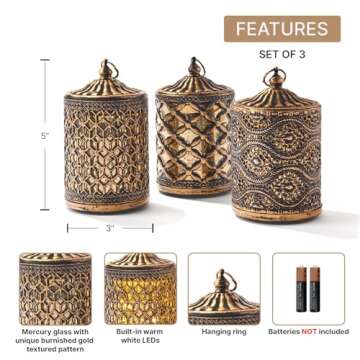 LampLust Small Gold Lanterns: Set of 3 - Warm White LED Light, 5.5 Inch, Battery Operated, Antique Brass Accents, Metal and Glass Moroccan Lamp, Eid & Ramadan Fanoos Decorations or Bohemian Home Decor