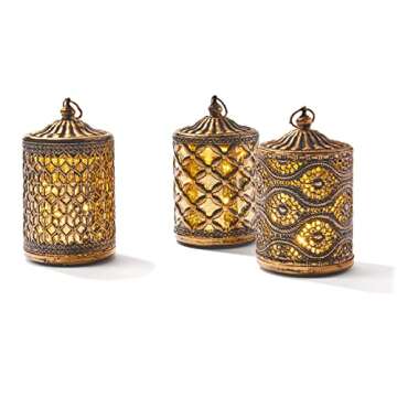 LampLust Small Gold Lanterns: Set of 3 - Warm White LED Light, 5.5 Inch, Battery Operated, Antique Brass Accents, Metal and Glass Moroccan Lamp, Eid & Ramadan Fanoos Decorations or Bohemian Home Decor