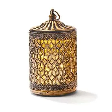 LampLust Small Gold Lanterns: Set of 3 - Warm White LED Light, 5.5 Inch, Battery Operated, Antique Brass Accents, Metal and Glass Moroccan Lamp, Eid & Ramadan Fanoos Decorations or Bohemian Home Decor