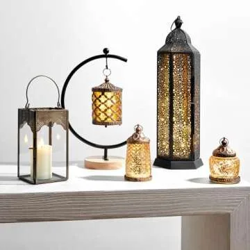 LampLust Small Gold Lanterns: Set of 3 - Warm White LED Light, 5.5 Inch, Battery Operated, Antique Brass Accents, Metal and Glass Moroccan Lamp, Eid & Ramadan Fanoos Decorations or Bohemian Home Decor