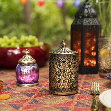 LampLust Small Gold Lanterns: Set of 3 - Warm White LED Light, 5.5 Inch, Battery Operated, Antique Brass Accents, Metal and Glass Moroccan Lamp, Eid & Ramadan Fanoos Decorations or Bohemian Home Decor