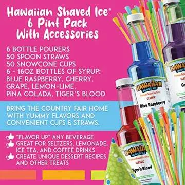 Hawaiian Shaved Ice Syrup Assortment with 6 - 16oz Bottles, 50 Snow Cone Cups, Spoon Straws, and Pou...