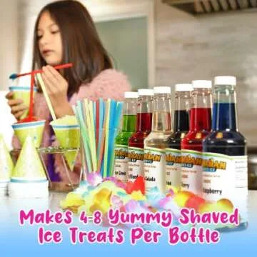 Hawaiian Shaved Ice Syrup Assortment with 6 - 16oz Bottles, 50 Snow Cone Cups, Spoon Straws, and Pouring Spouts. Flavors: Tiger’s Blood, Pina Colada, Blue Raspberry, Grape, Cherry, Lemon-Lime
