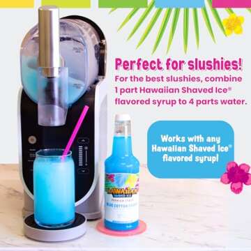 Hawaiian Shaved Ice Syrup Assortment with 6 - 16oz Bottles, 50 Snow Cone Cups, Spoon Straws, and Pouring Spouts. Flavors: Tiger’s Blood, Pina Colada, Blue Raspberry, Grape, Cherry, Lemon-Lime