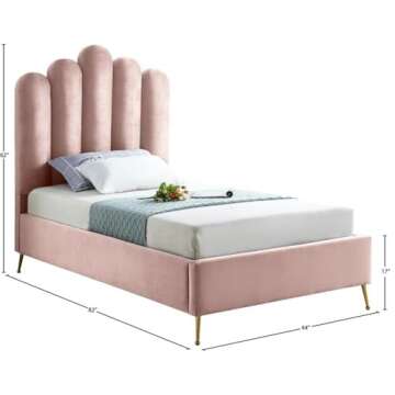 Meridian Furniture Lily Collection Modern | Contemporary Velvet Upholstered Bed with Deep Channel Tufting and Custom Gold Steel Legs, Twin, Pink