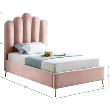 Meridian Furniture Lily Collection Modern | Contemporary Velvet Upholstered Bed with Deep Channel Tufting and Custom Gold Steel Legs, Twin, Pink