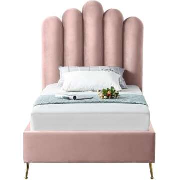 Meridian Furniture Lily Collection Modern | Contemporary Velvet Upholstered Bed with Deep Channel Tufting and Custom Gold Steel Legs, Twin, Pink