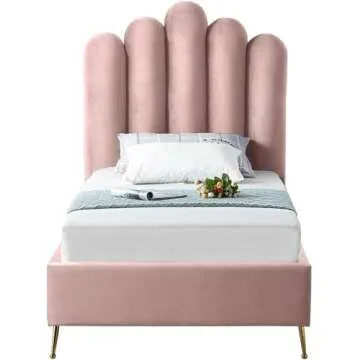 Meridian Furniture Lily Collection Modern | Contemporary Velvet Upholstered Bed with Deep Channel Tufting and Custom Gold Steel Legs, Twin, Pink