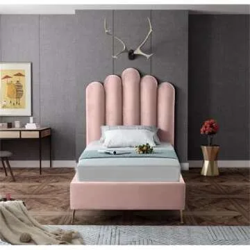 Meridian Furniture Lily Collection Modern | Contemporary Velvet Upholstered Bed with Deep Channel Tufting and Custom Gold Steel Legs, Twin, Pink