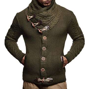 Leif Nelson Men's Knitted Turtleneck Jacket - Winter Cardigan Sweaters for Men Khaki
