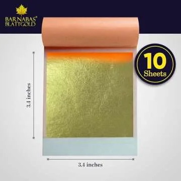 Gold Leaf by Barnabas Blattgold - 23K Genuine Gold Leaf Sheets, 10 Transfer Gold Foil Sheets 3.4 inch, Real Gold Leaf Foil Sheets, Gold Leaf Sheets for Craft, Gold Leaf Sheets for Art