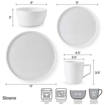 Mikasa Sloane Bone China Lightweight Chip Resistant 16 Piece Dinnerware Set, Service for 4, White