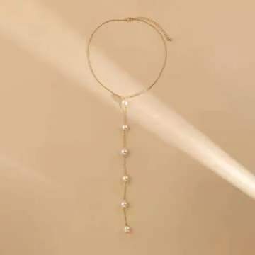 Artificial Pearl Lariat Necklace Aesthetic Y Necklace for Women Girls Trendy Fashion Jewelry Handmade Wedding Bridal Necklaces Bridesmaid Gifts