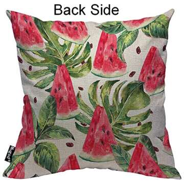 Mugod Slices of Watermelon Throw Pillow Exotic Tropical Fruit Leaves Seed Red Green Cotton Linen Squ...