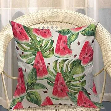 Mugod Slices of Watermelon Throw Pillow Exotic Tropical Fruit Leaves Seed Red Green Cotton Linen Square Cushion Cover Standard Pillowcase 18x18 Inch for Home Decorative Bedroom/Living Room/Car